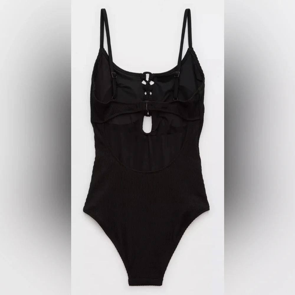 NWT Aerie Crinkle Lace Up One Piece Swimsuit in Black - Size XXS